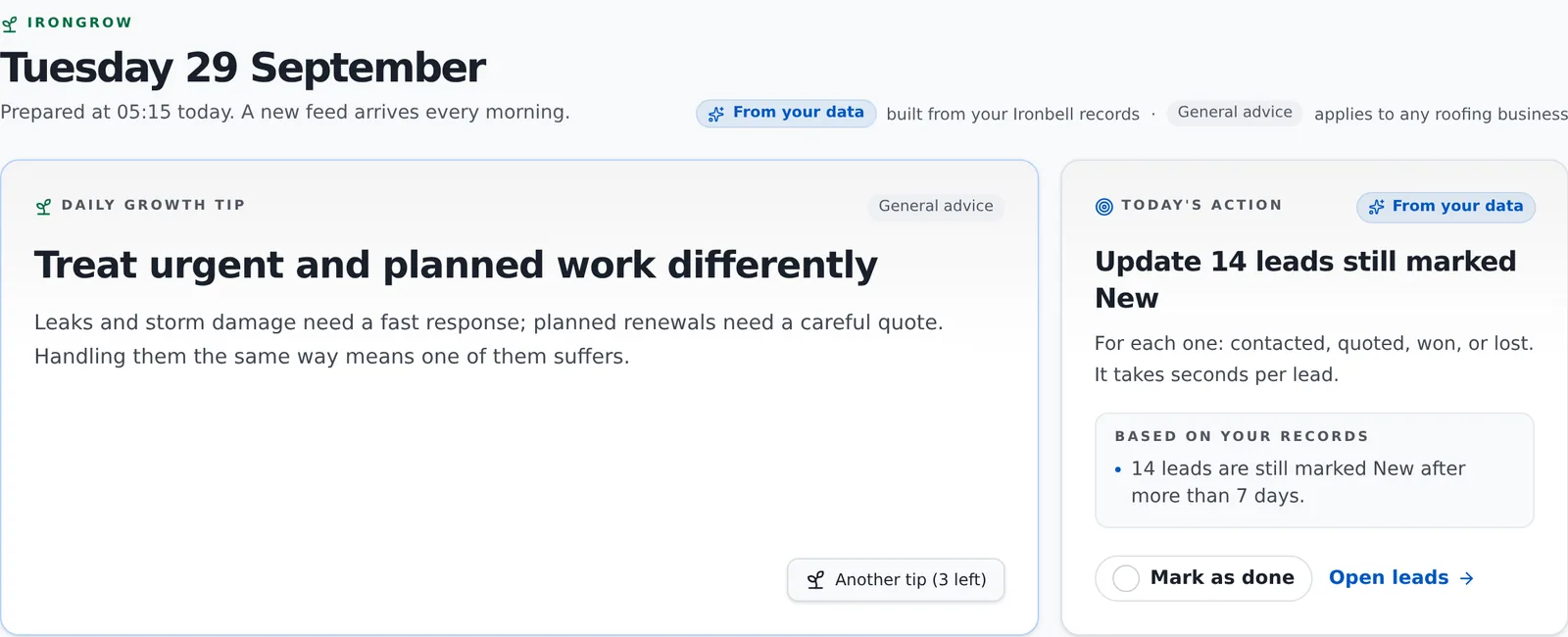 IronGrow's daily feed with today's tip and today's action.